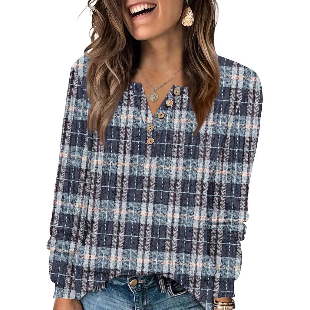 Women's Fashion V-Neck Button-Up T-Shirt With Check Print Long Sleeves