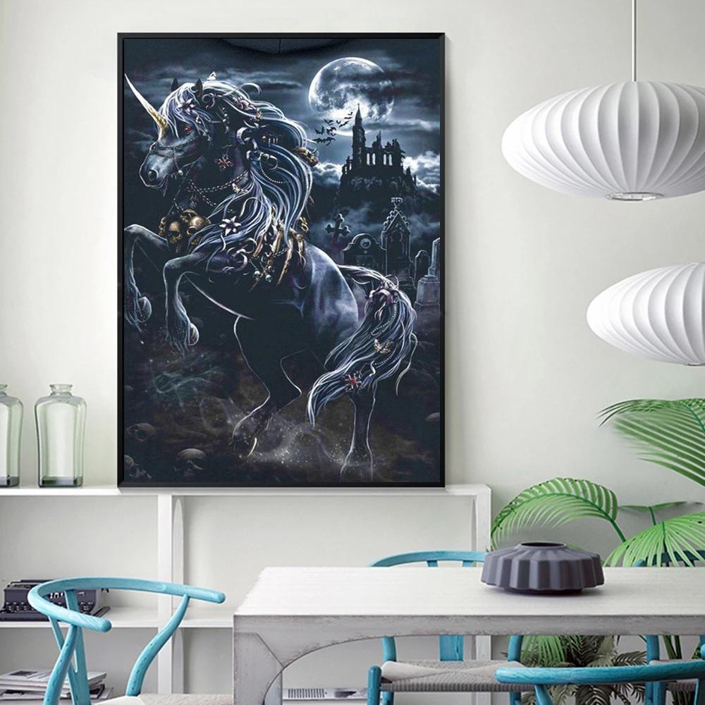 5D-Diamant-Stickerei zum Selbermachen, schwarzes Einhorn und Mond, Kreuzstich, volles, rundes, quadratisches Diamantgemälde