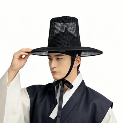 Black Mesh Traditional Korean Gat Hat Adjustable Flat Topper Hat Cosplay Hat  Stage Performance