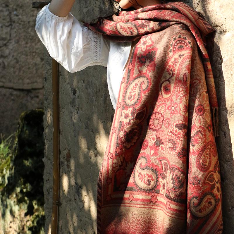 Ethnic Style Cashew Pattern Shawl Cloak Scarf: Imitation Cashmere, Thick, Dual-Purpose Women's Accessory for Autumn/Winter