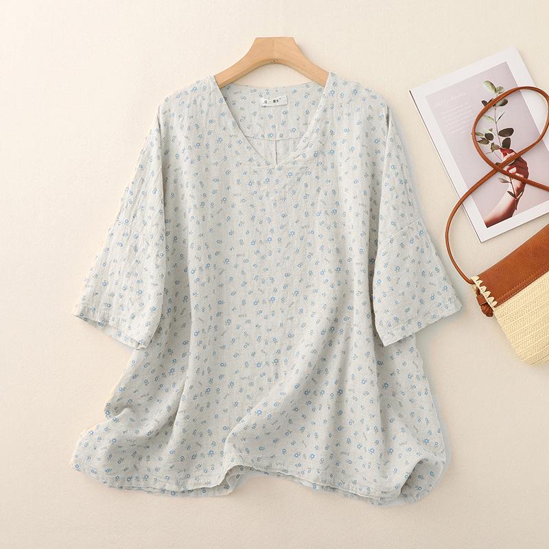 Summer Retro Floral Linen Pullover - Artistic Fresh Five-Sleeve Top Extra Large