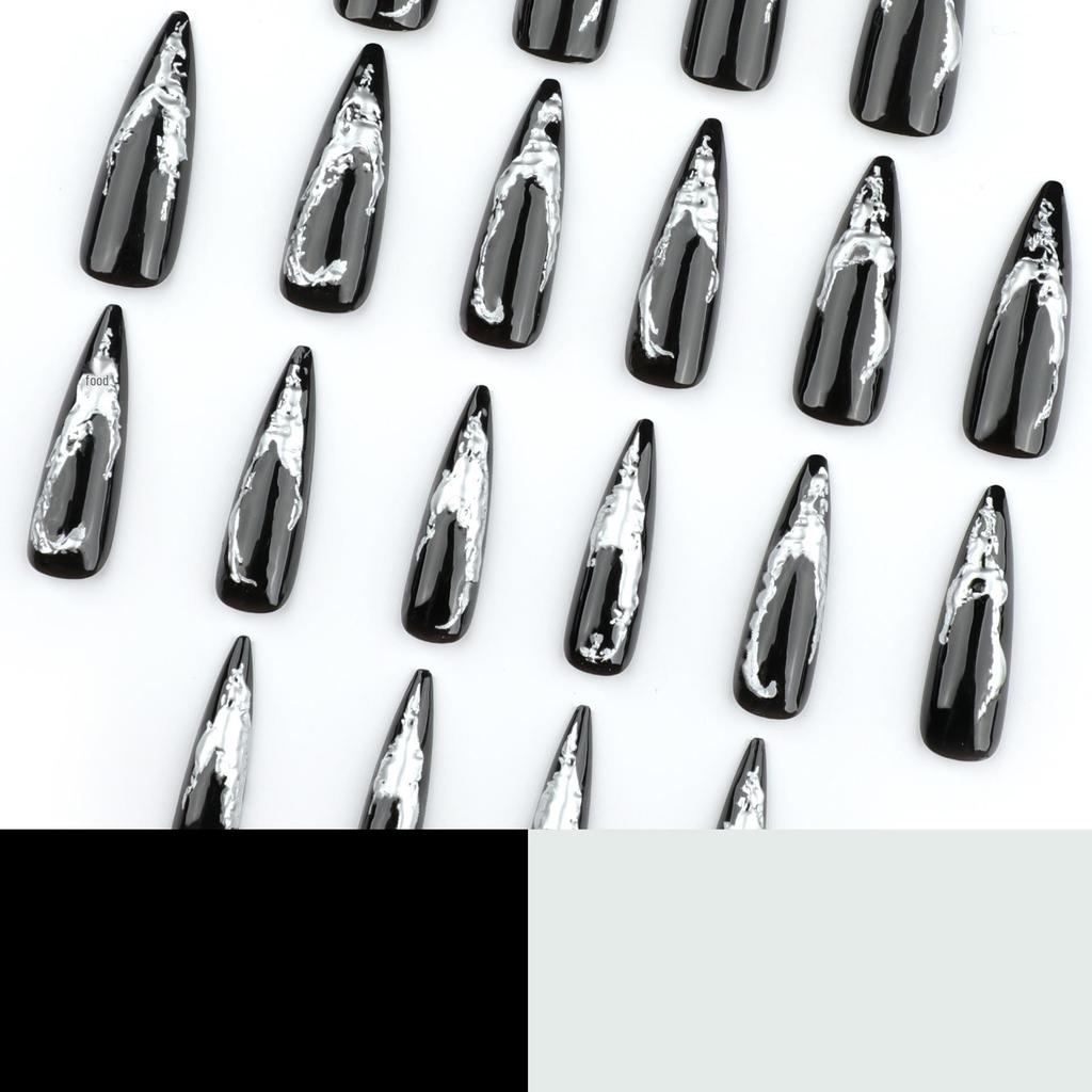 Dark Spicy Girl Long Pointed False Nails - Hot Silver Wearable Manicure