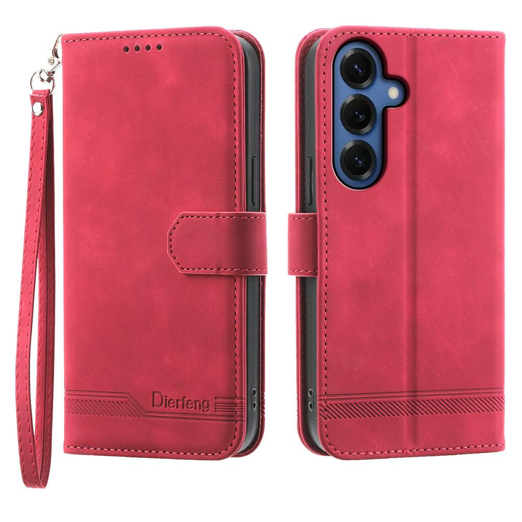 DIERFENG DF-03 For Samsung Galaxy S26+ Case Lines Imprint Wallet Leather Phone Cover with Wrist Strap