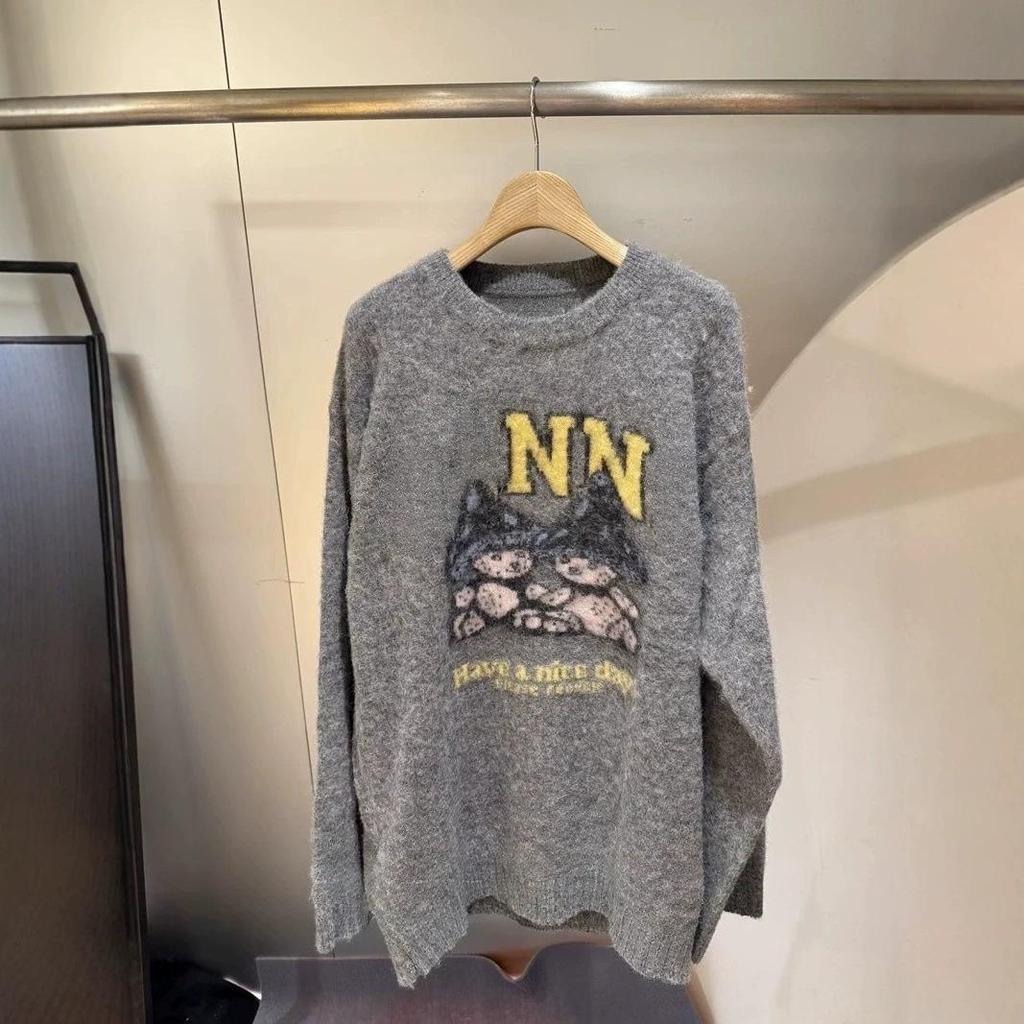 Mohair Blend Long Sleeve Sweater - Mushroom Pattern with Two Bears Design