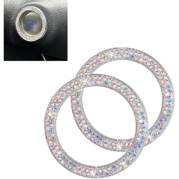 WZP 2PCS Bling Push To Start Button Cover, Crystal Rhinestone Engine Start Button Cover, Sparkling Car Interior Accessories for Women (Pink)