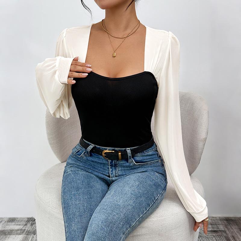 YYFS Damenmode Lässig Farbblockdruck Frühling Herbst Langarm Quadratischer Kragen Bodys