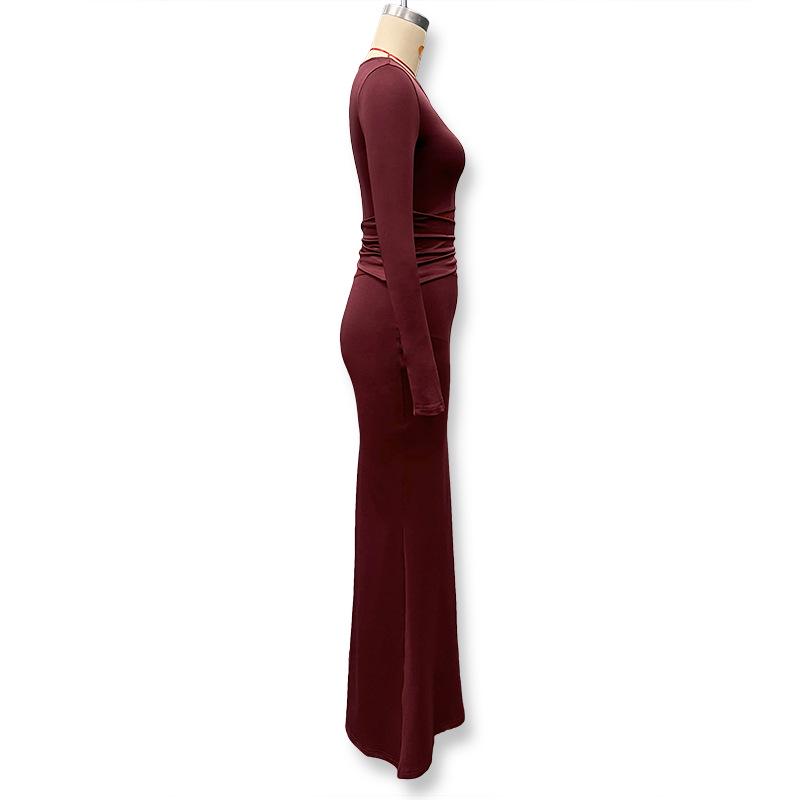 European Style Women's Lace Patchwork Bodycon Dress, Round Neck, Long Sleeve, Slimming Fit, 2026 Winter Collection
