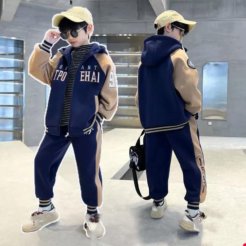 

Костюмы для мальчиков на весну и осень, повседневные молнии, детские мальчики, красивые, для больших детей, осенний костюм-двойка в западном стиле 140