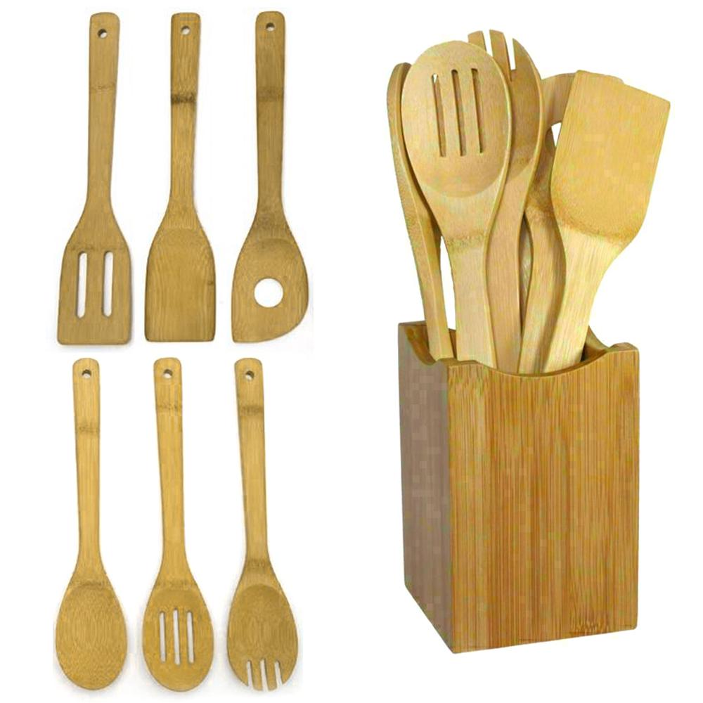 Bamboo Wooden Cooking Turner Utensil 6Pcs Set Spoon Spatula Holder Kitchen Tools