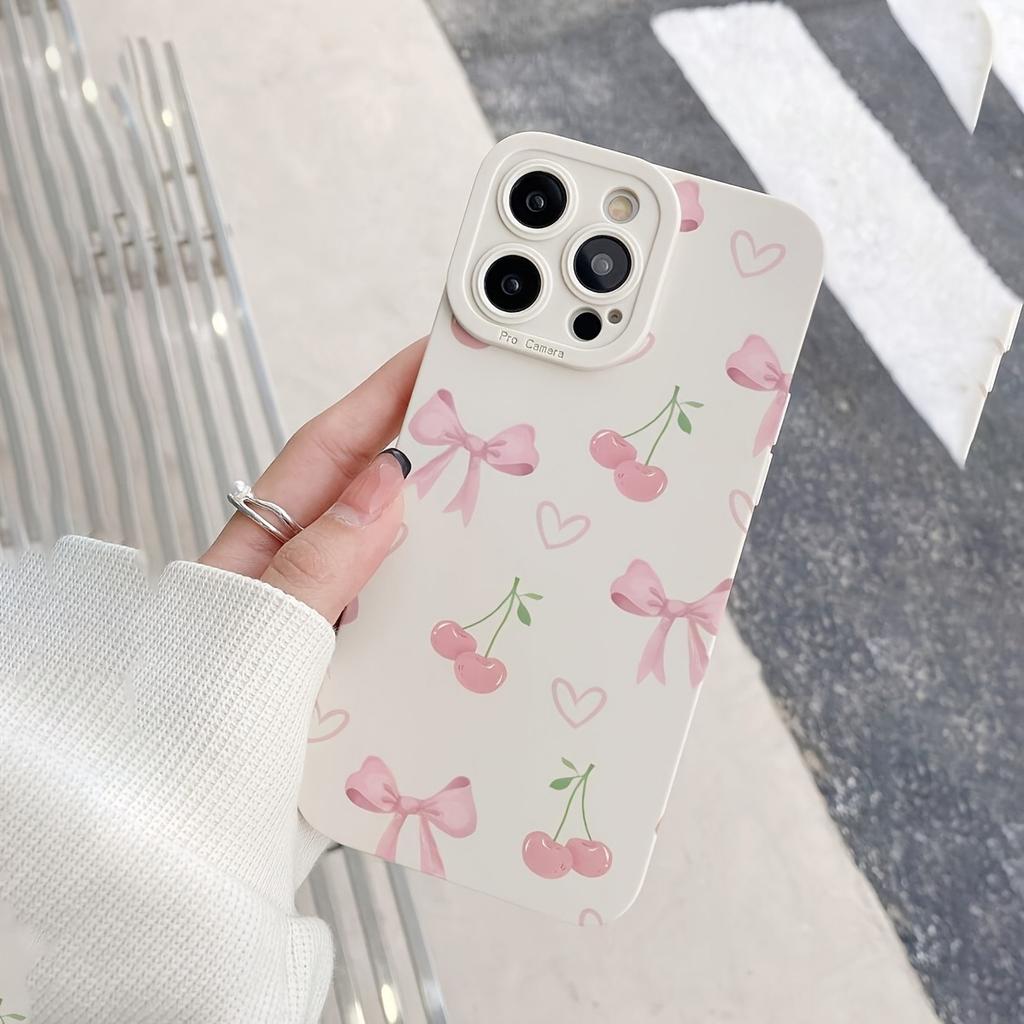 An Ivory White Phone Case with a Bow, Heart, and Cherry Design, Suitable for iPhone 17, 16, 15, Plus, Pro, Max Series Phones - Ideal for Gifting