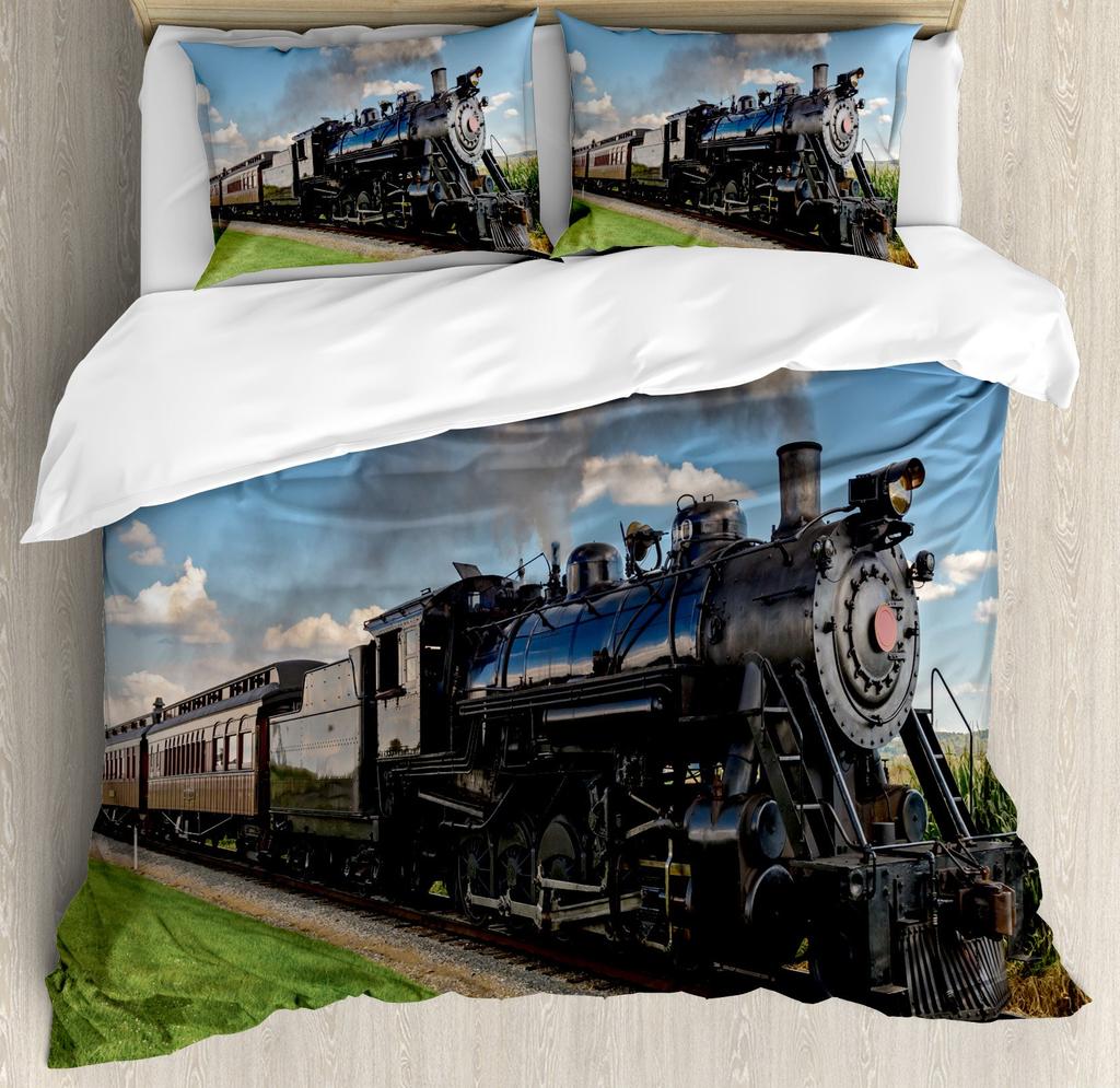 Cartoon Train Duvet Cover Set Black Trains Bedding Set Boys Teens Men Bedroom Single Double Comforter Cover Decor Quilt Covers