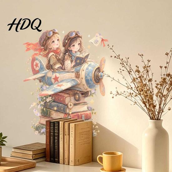 Unique Gift Ideas for Kids Room Pilot Girls Wall Sticker Self-Adhesive Watercolor Airplane and Stacked Book PVC Decal Removable Stickers Nursery