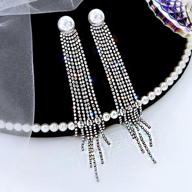 Shiny Crystal Zircon Long Stud Earrings for Women Geometric Hanging Drop Tassel Earring Fashion Party Vintage Pendant Jewelry