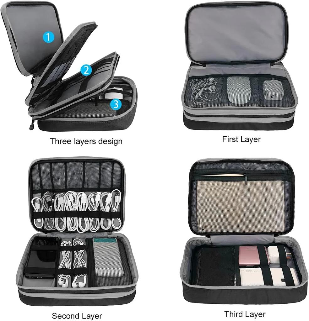 Multi Layer Cable Storage Bag, Portable Electronic Accessories Organizer,Travel Waterproof USB Data Line Charger Cable Organizer