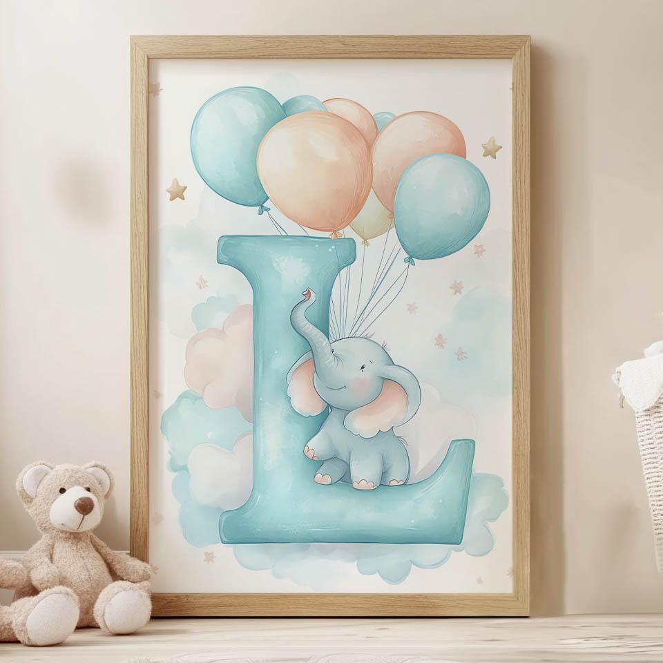Poster Letter "I" With Balloons And Elephant Poster Letter "I" With Balloons And Elephant, 30X40 Cm, Frame Wooden Light Oak, Paper Matte 230 Gsm