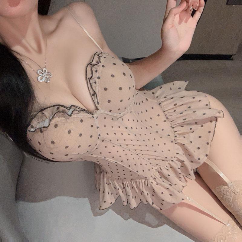 2026 Sexy Polka Dot Nightgown & Push-Up Corset Set with Steel Boning