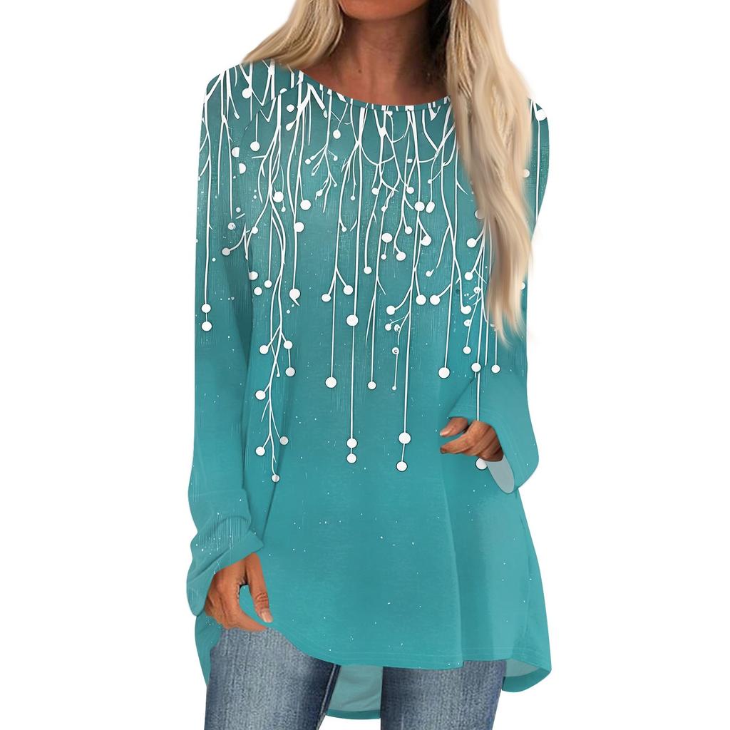 Women's Fashion Casual Long Sleeve Print Round Neck Pullover Top Blouse