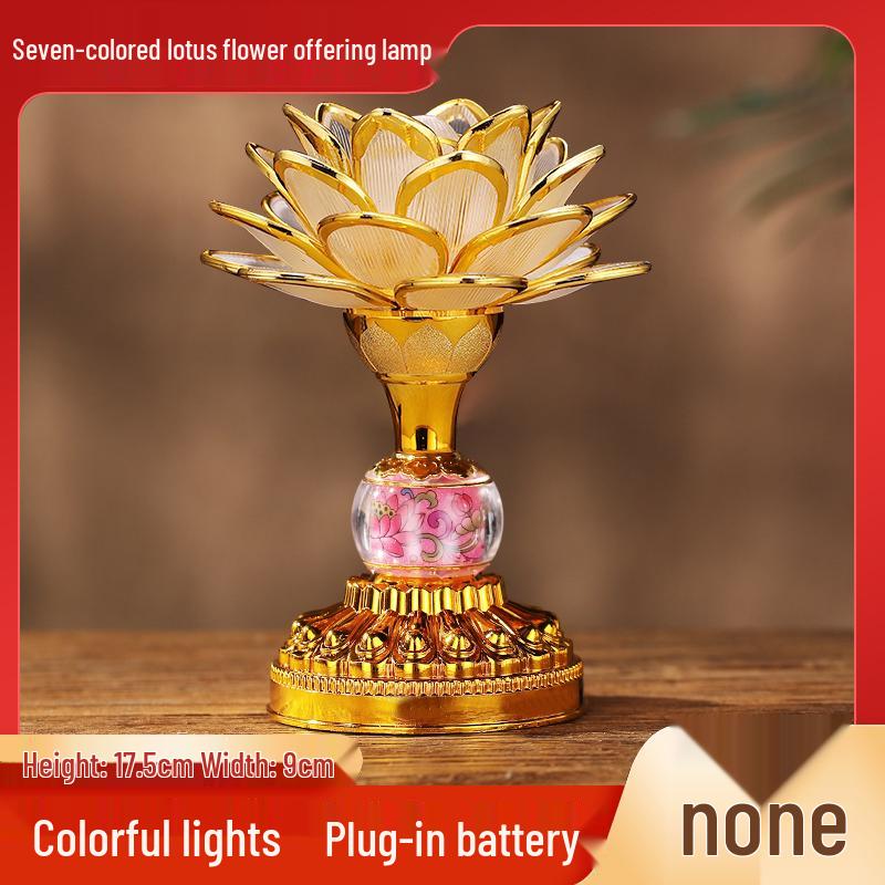 Seven-Color LED Rechargeable Buddha Offering Lamp - Lotus Design for Home and Guanyin Devotion.