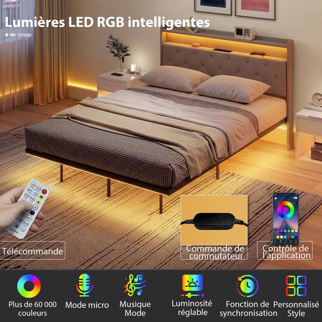 Bed frame 140 x 190 cm with steel base, floating double bed with RGB LED lights and charging station, grey