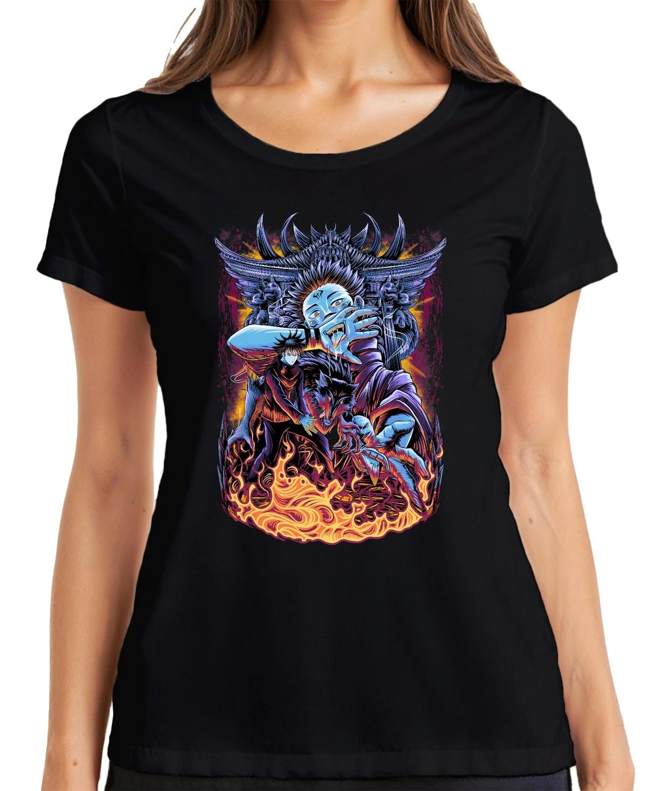 Oni Dämon blaues Gesicht Wolf Flammen japanisch Anime düster Damen T-Shirt XXXL