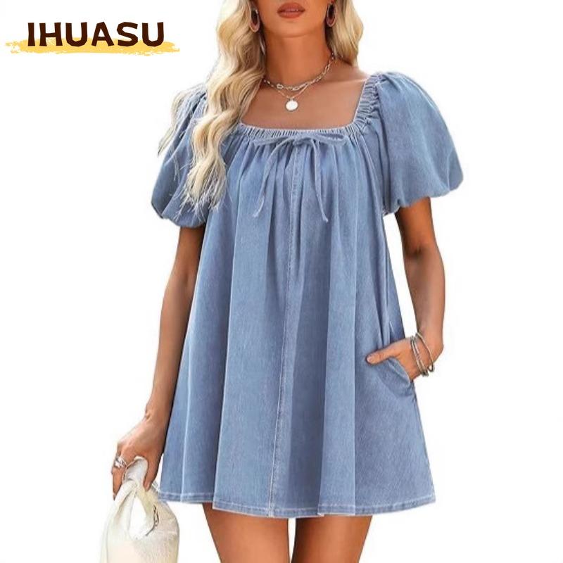 IHUASU Fashion Summer Spring Solid Color Print Short Sleeve Square Collar Casual Dresses