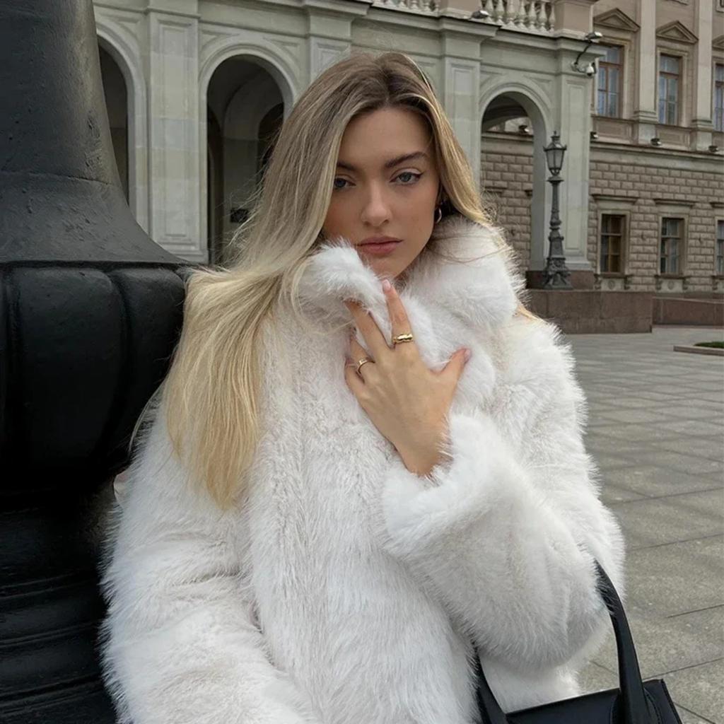 VAYLA Fashion Fluffy Furry Faux Fur Jacket Women Winter Shaggy Overcoats Thick Warm Medium Length Fox Fur Coat Plush Outerwear Femme