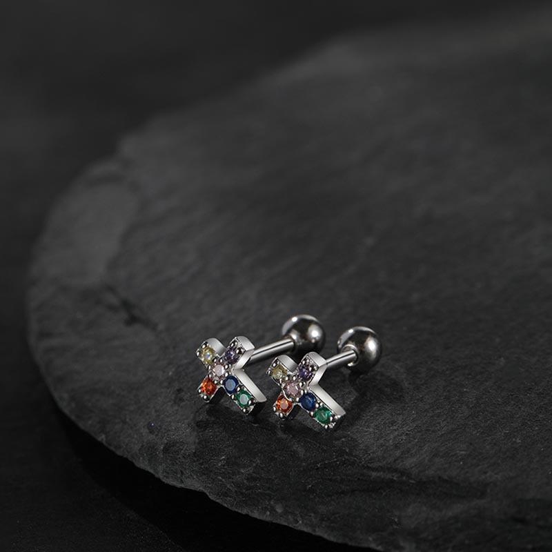 Kolczyki platerowane srebrem S925, modny męski styl, wyjątkowy design sprzączki, super błyszczące kolorowe kolczyki z krzyżykiem z diamentami