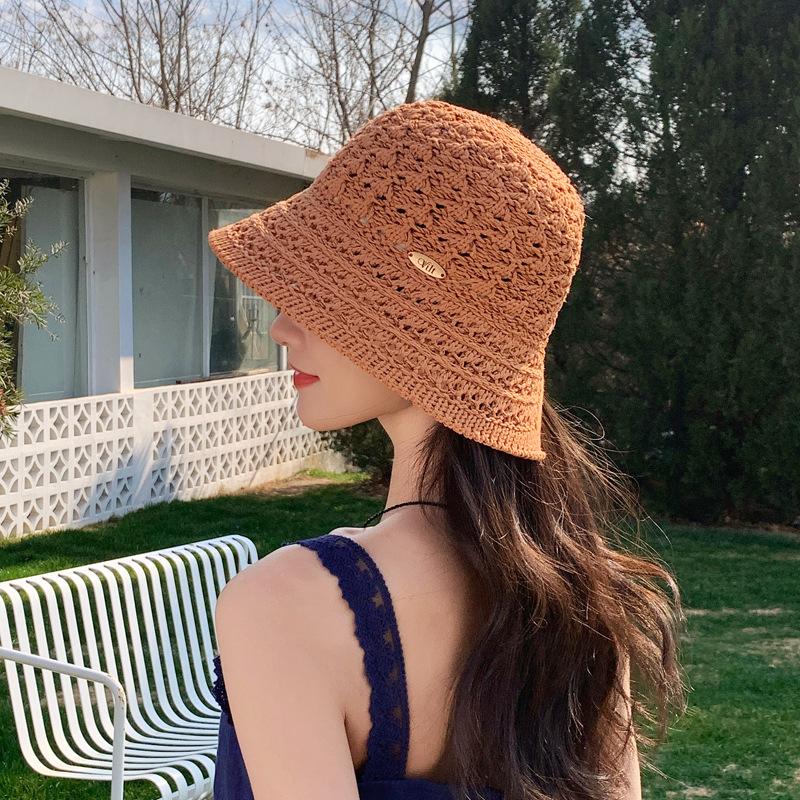 Hat Women'S Knitted Basin Hat Summer Sunscreen Visor Hat Hollowed Out And Breathable, Split Fork Bucket Hat Fashionable And Small Face