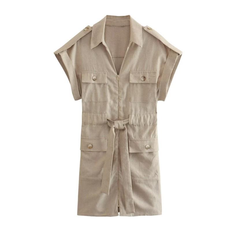 

European American Women s Clothing Linen Blended Work Style Lapel Pocket Slimming Belt Dress XS