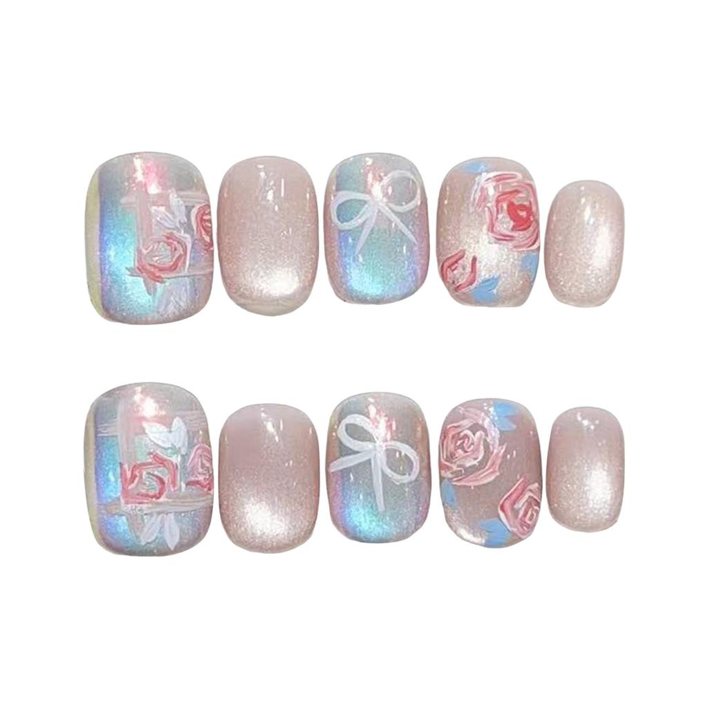 Rose-Bow Cat-Eye Nail Art Press On Nails Removable Short Design For Women