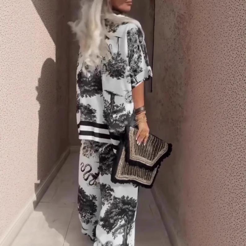 2025 Euro-American Casual V-neck Short-Sleeve Top & Wide-Leg Pants Set for Women