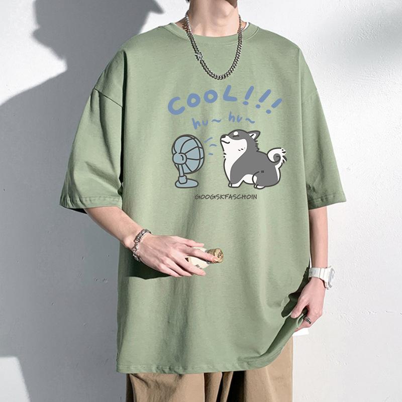 Cute Men Oversized Drop Shoulder T-Shirt 100% Cotton Streetwear Tee
