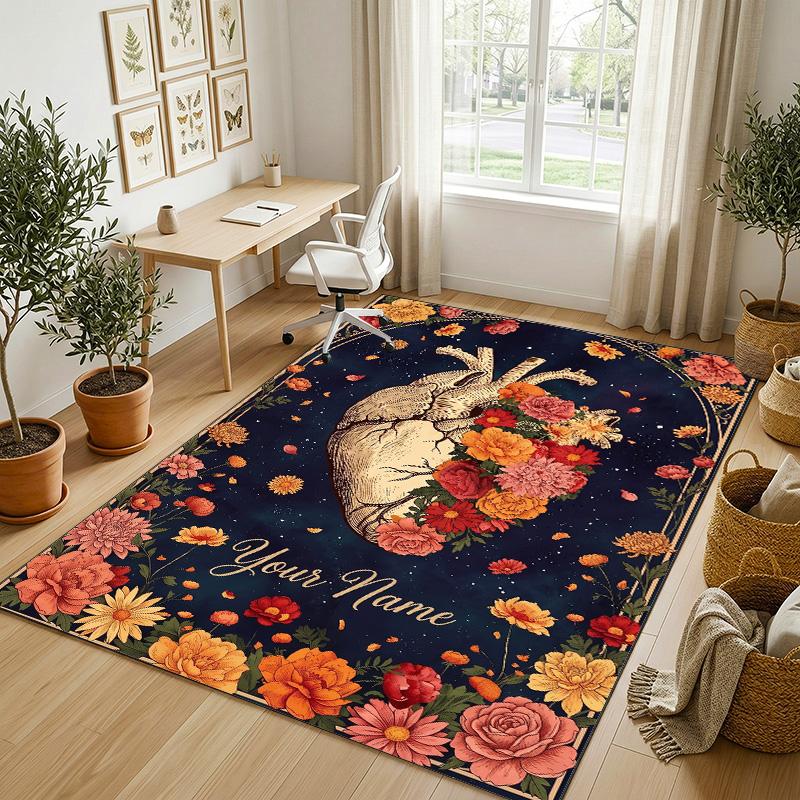 Floral Theme Soft Crystal Velvet Rug Custom Name & Text Print Non Slip Floor Rug for Bedroom Living Room
