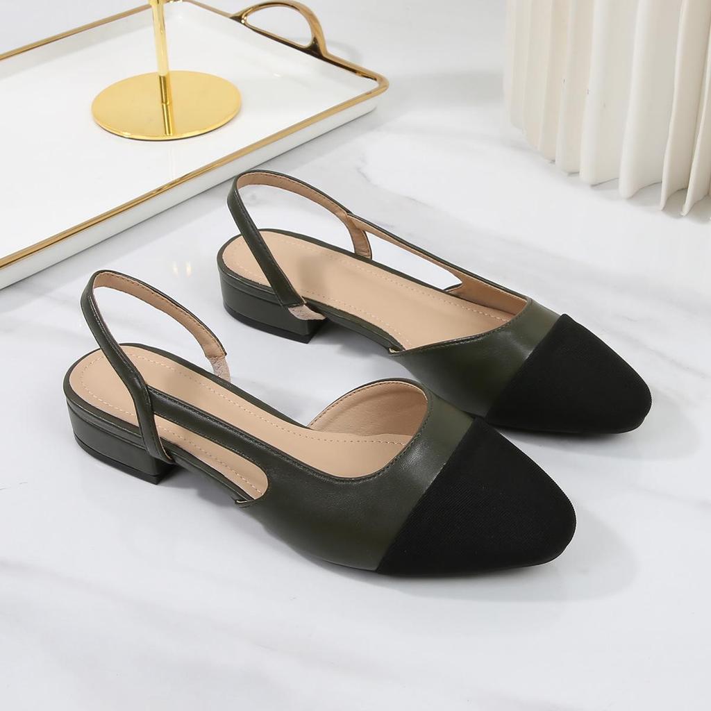 In Stock French Coco Style Soft Leather Color Block Low Cut Sandals - Women's Spring Mid and Thick Flat Heels