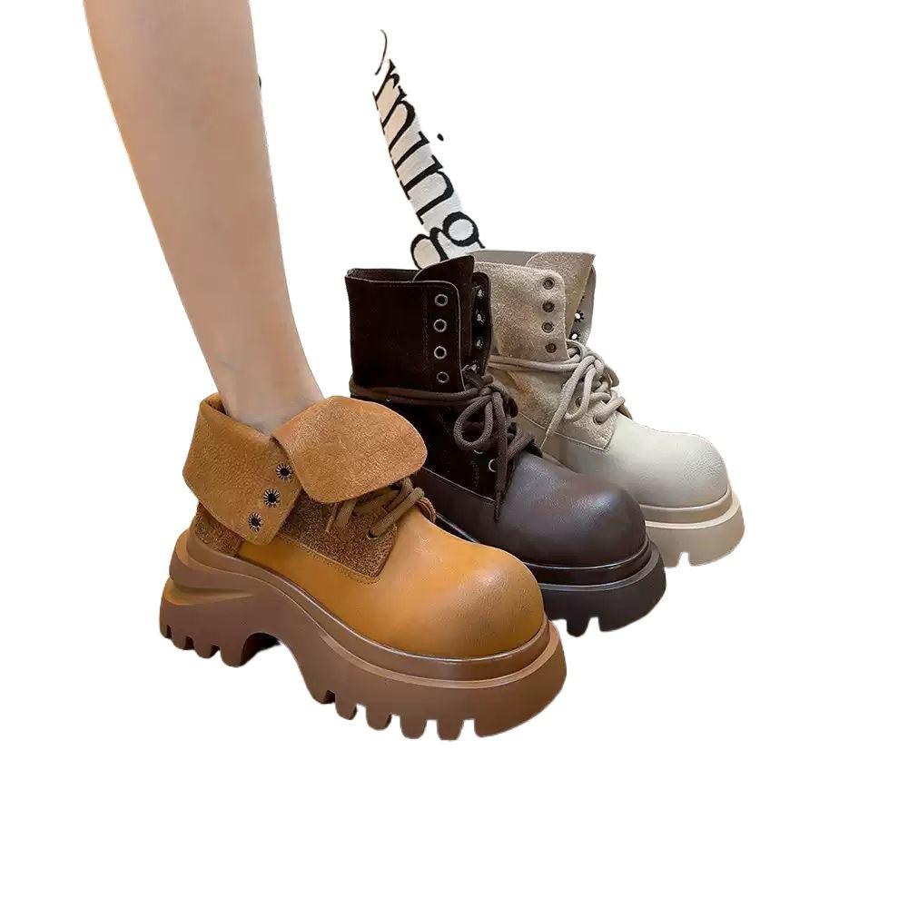 Retro Style Thick-soled Chelsea Boots Women's Rhubarb Boots 2025 Autumn and Winter New Round Head Versatile Short Boots Stacked