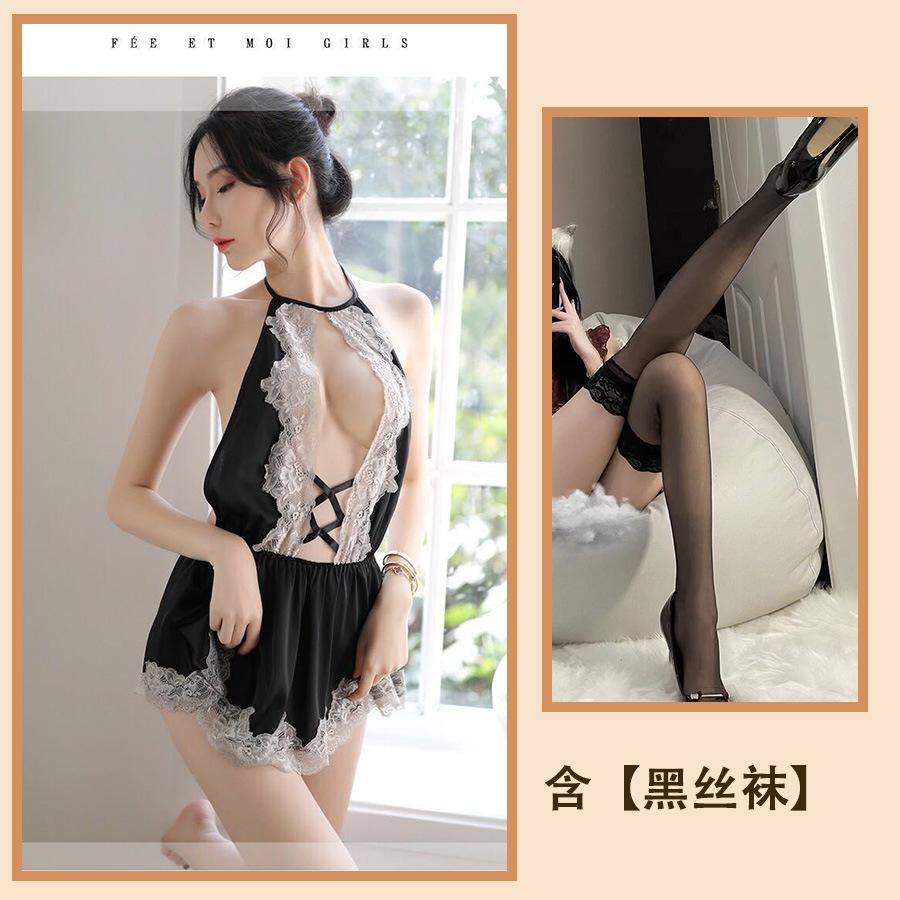 Sexy Lingerie Sexy Cute Girl Seduction Lace Neck Deep V Home Perspective Nightdress Set