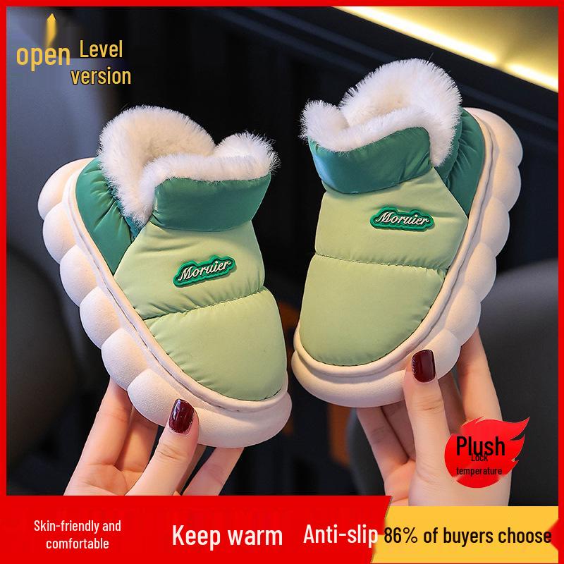 Children's Winter Velvet-Lined Cotton Slippers with Heel Support - Non-Slip, Waterproof, Warm Shoes for Big Kids & Parent-Child Pairs