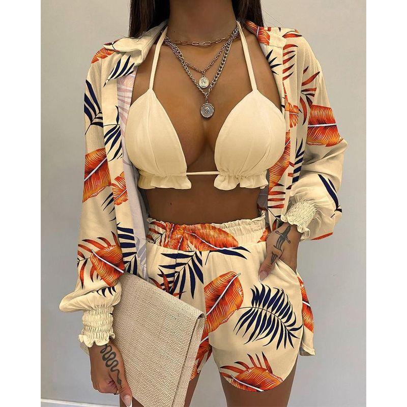 

Three-Piece Shorts Spring Summer Women s Wear New Arrival European and American Hot Sexy Solid Color Printing Three-Piece Suit Apricot leaves XXXL