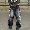 Jeans Unisex a Vita Alta Gamba Larga Vestibilità Larga Denim Non Elasticizzato Pantaloni Rosa Stampa Tribale Lavato Usurato Streetwear