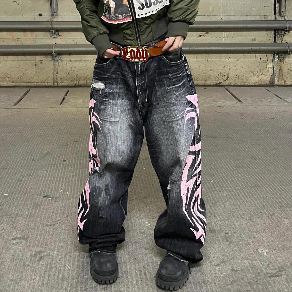 Jeans Unisex a Vita Alta Gamba Larga Vestibilità Larga Denim Non Elasticizzato Pantaloni Rosa Stampa Tribale Lavato Usurato Streetwear