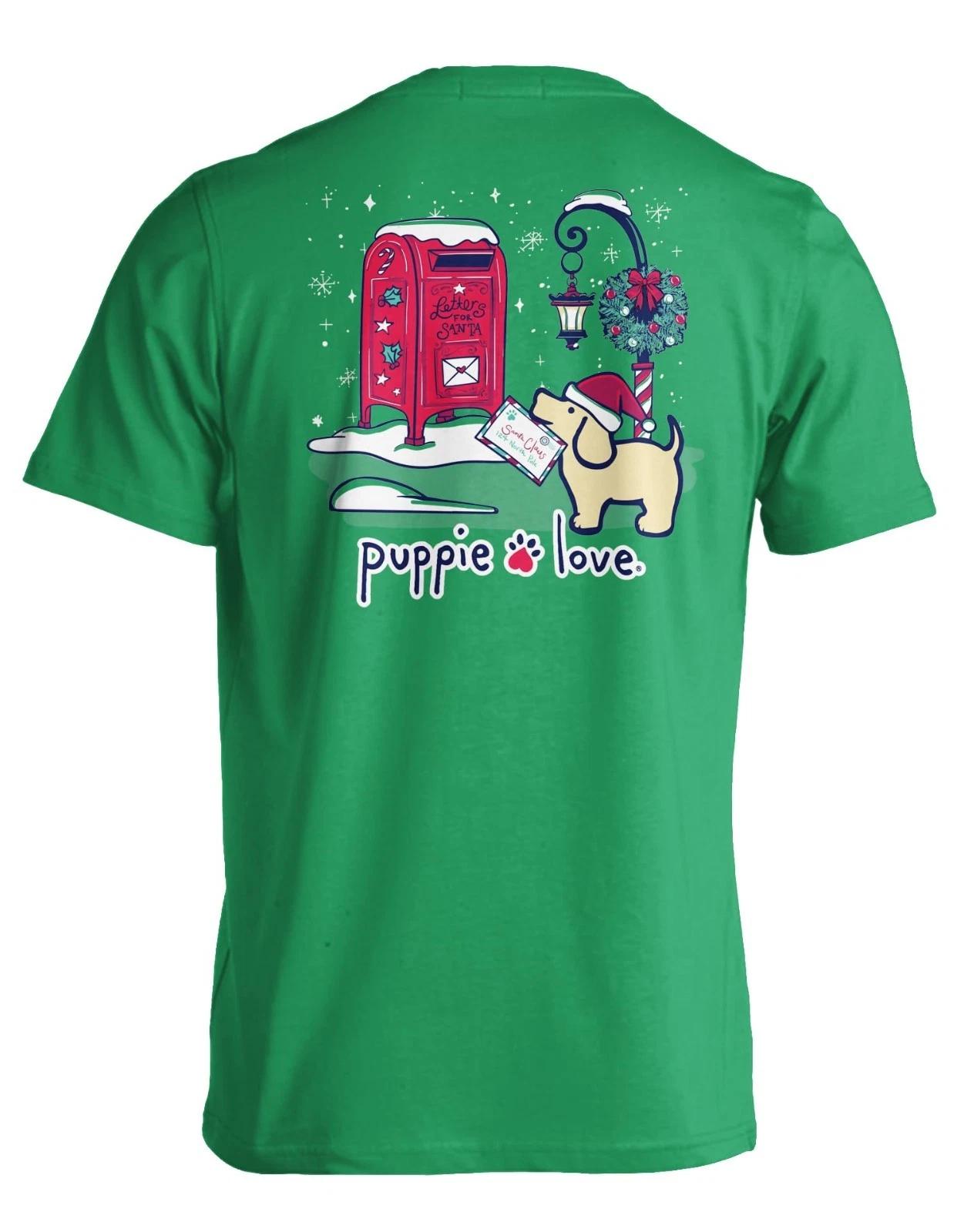 

Puppie Love Christmas Holiday T-Shirt, Green with Santa Mailbox Design 4XL