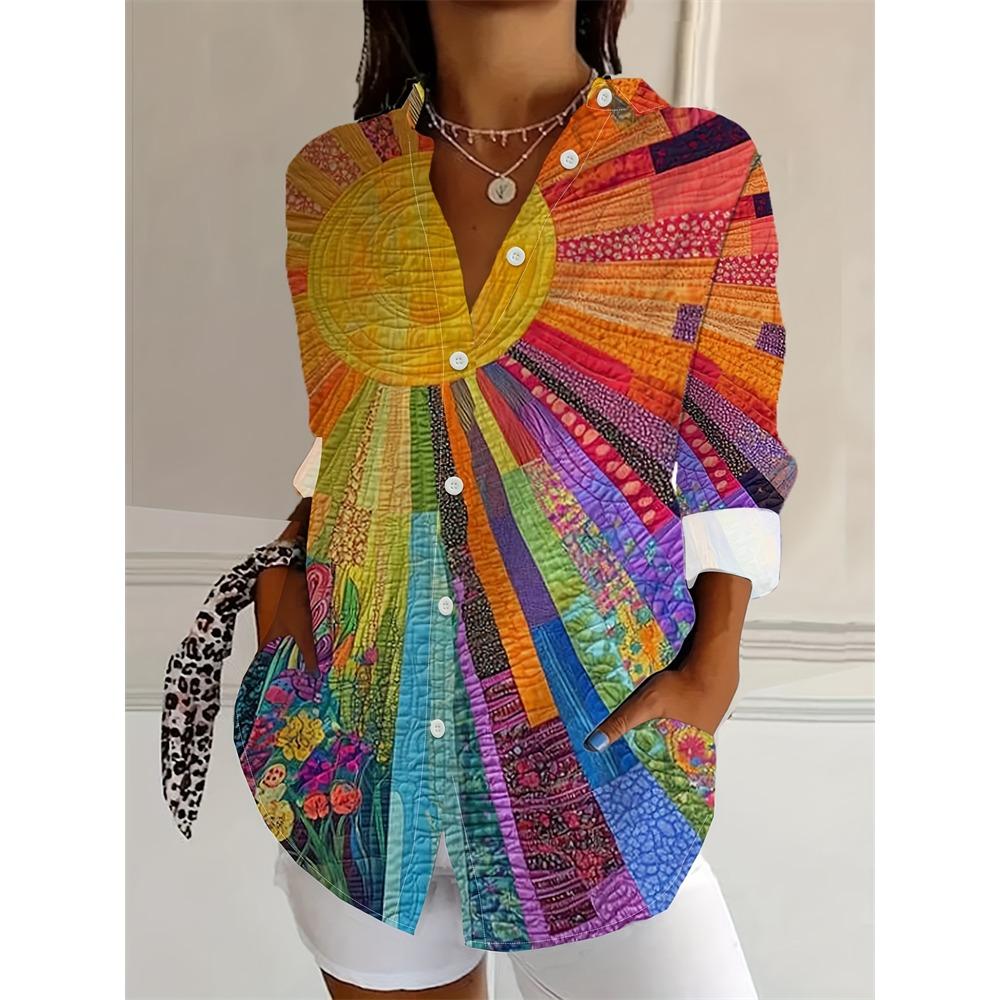 Camisa de mujer ajustada con botones, estilo casual, con estampado de flores de anacardo, ideal para uso diario. Camisa de solapa de talla grande.