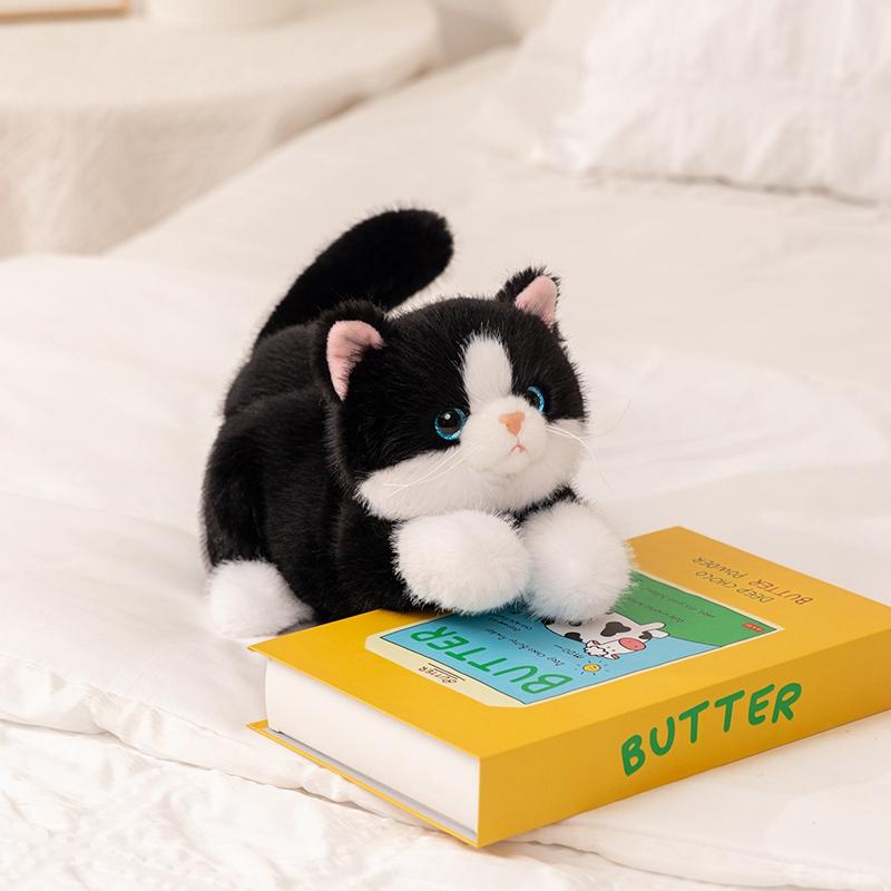 Simulation Tiefblaue Augen Katze Plüschtier Schwarz-Weiße Katzen Plüschtier Gestreifte Katze Kätzchen Heimdeko Schwarze Puppe Spielzeug about 30-35cm