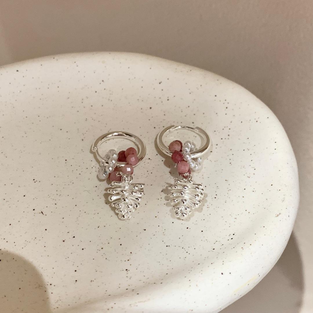 Natural Stone Beaded Pendant Earrings Chinese Style Geometric Hoop Earrings for Women
