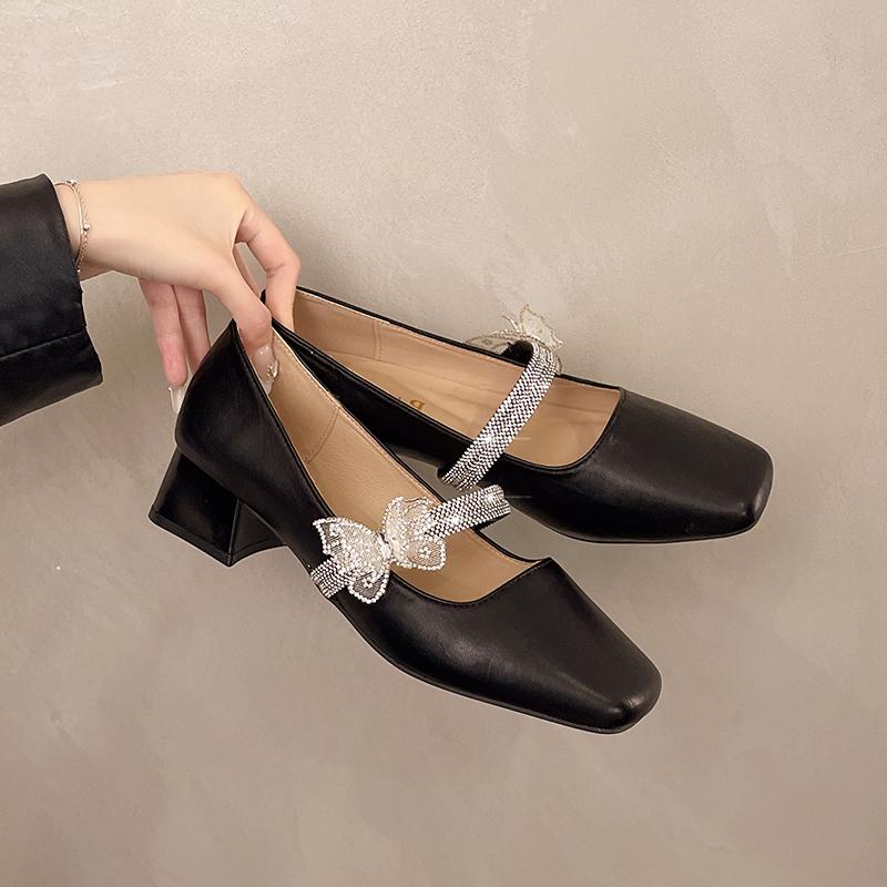 Fashion Square Toe Shallow Mouth Mary Jane Shoes Women's Autumn New Crystal Butterfly Block Heel Kitten Heel Temperament Single Shoes