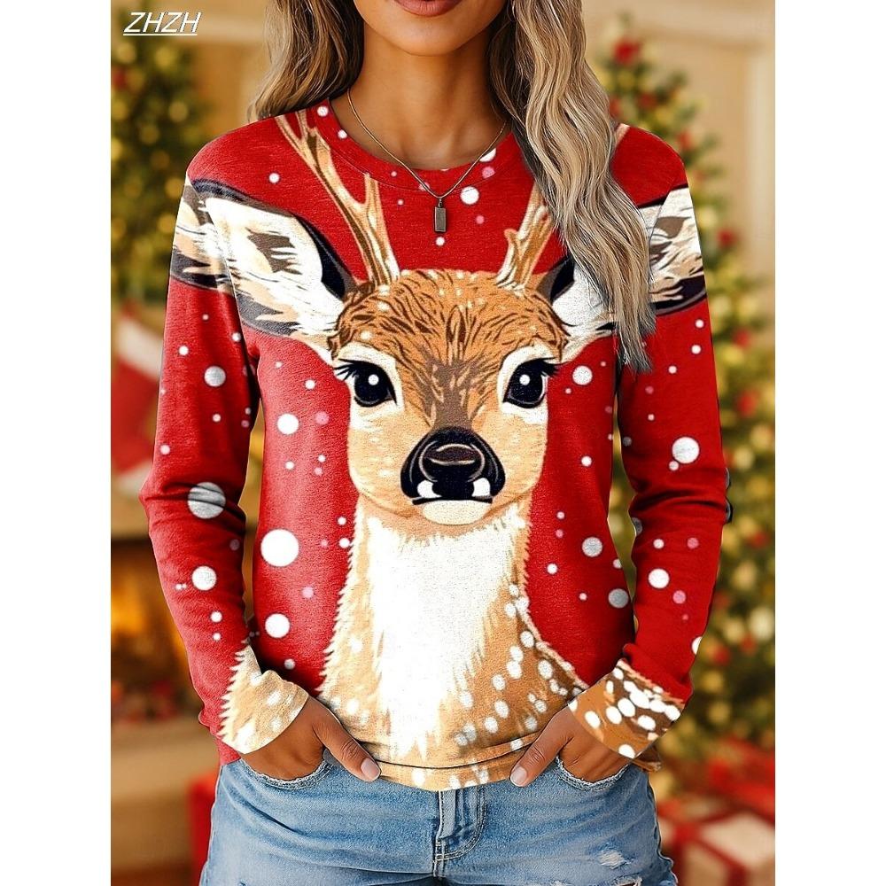 2025 Women s Vintage Reindeer Print Long Sleeve, Christmas Party Crew Neck, Holiday Gift Top, Fall Winter Festive Style S
