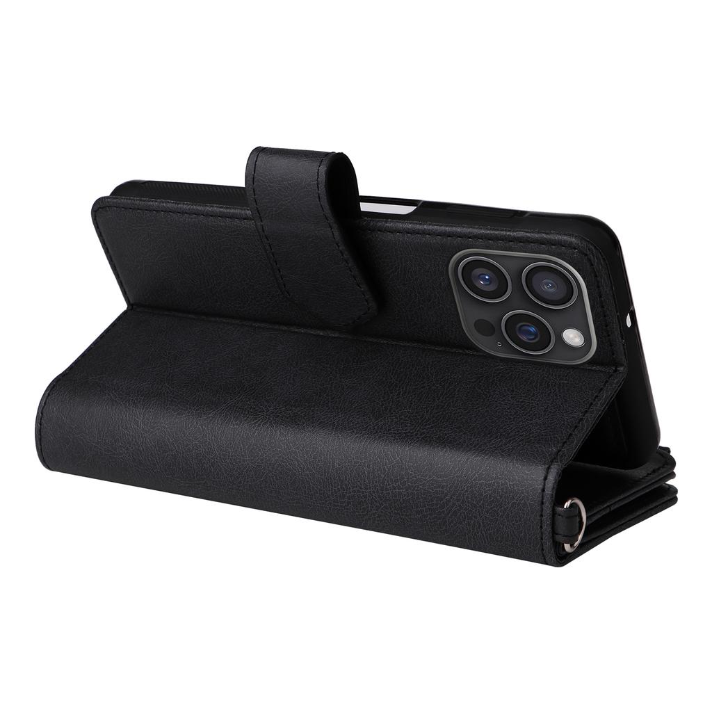 For iPhone 16 Pro Max Magnetic Leather Case Mobile Cover with Detachable Zipper Wallet Strap