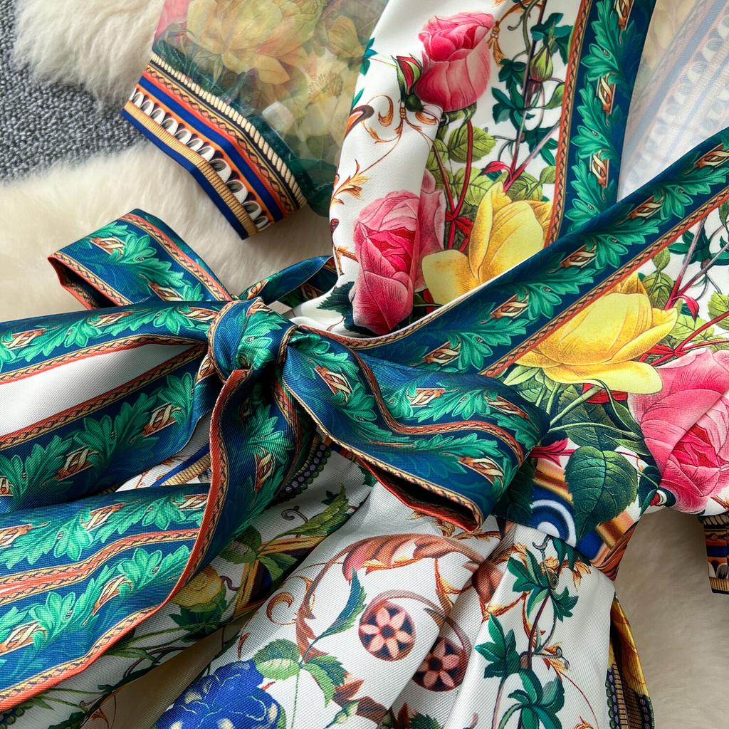 Elegant Retro Print Flower Long Dresses Women Summer Autumn Holiday Palace Style National Trench Belt V Neck Party Dress
