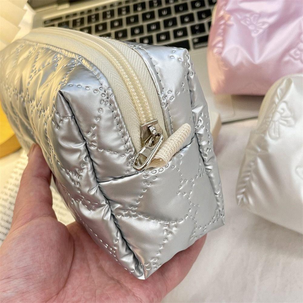 Korean Style Silver Cosmetic Bag Bow Small Item Bag Creative Stuffed Cotton Storage Bag Women