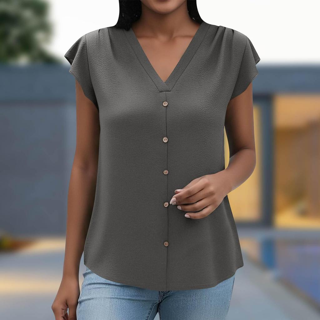 Women V Neck Short Sleeve Button Down Blouse Casual Loose Fit Top Lightweight Summer Office Shirt